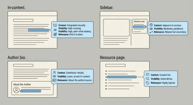 Tipos de colocación de backlinks: en contenido, barra lateral, biografía y recursos