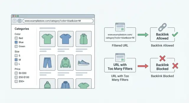 Política de backlinks para navegación facetada en URLs filtradas que posicionan